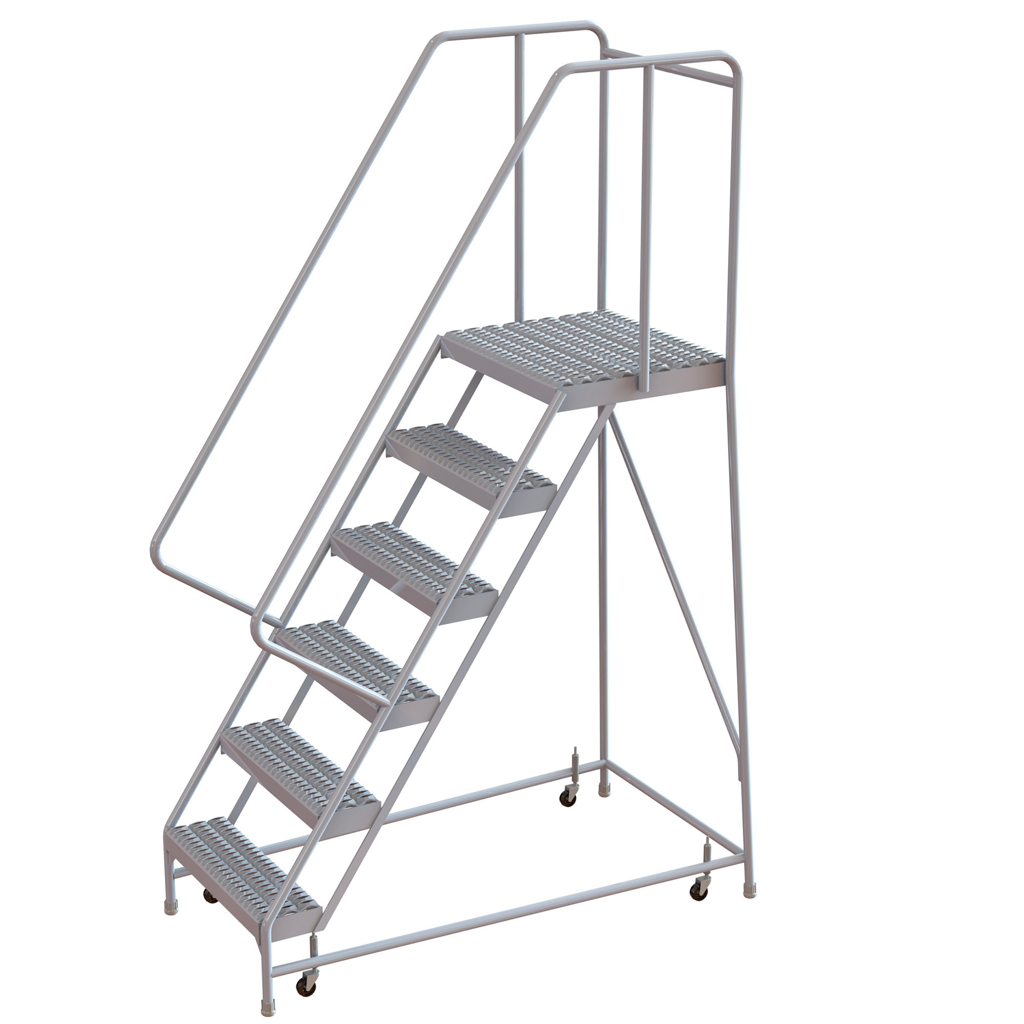 Tri-Arc 6-Step Aluminum Rolling Ladder with Serrated Steps and Spring-Loaded Casters, 24in.W x 21in.D Platform, 350-Lb. Capacity, Model# WLAR106245-D4